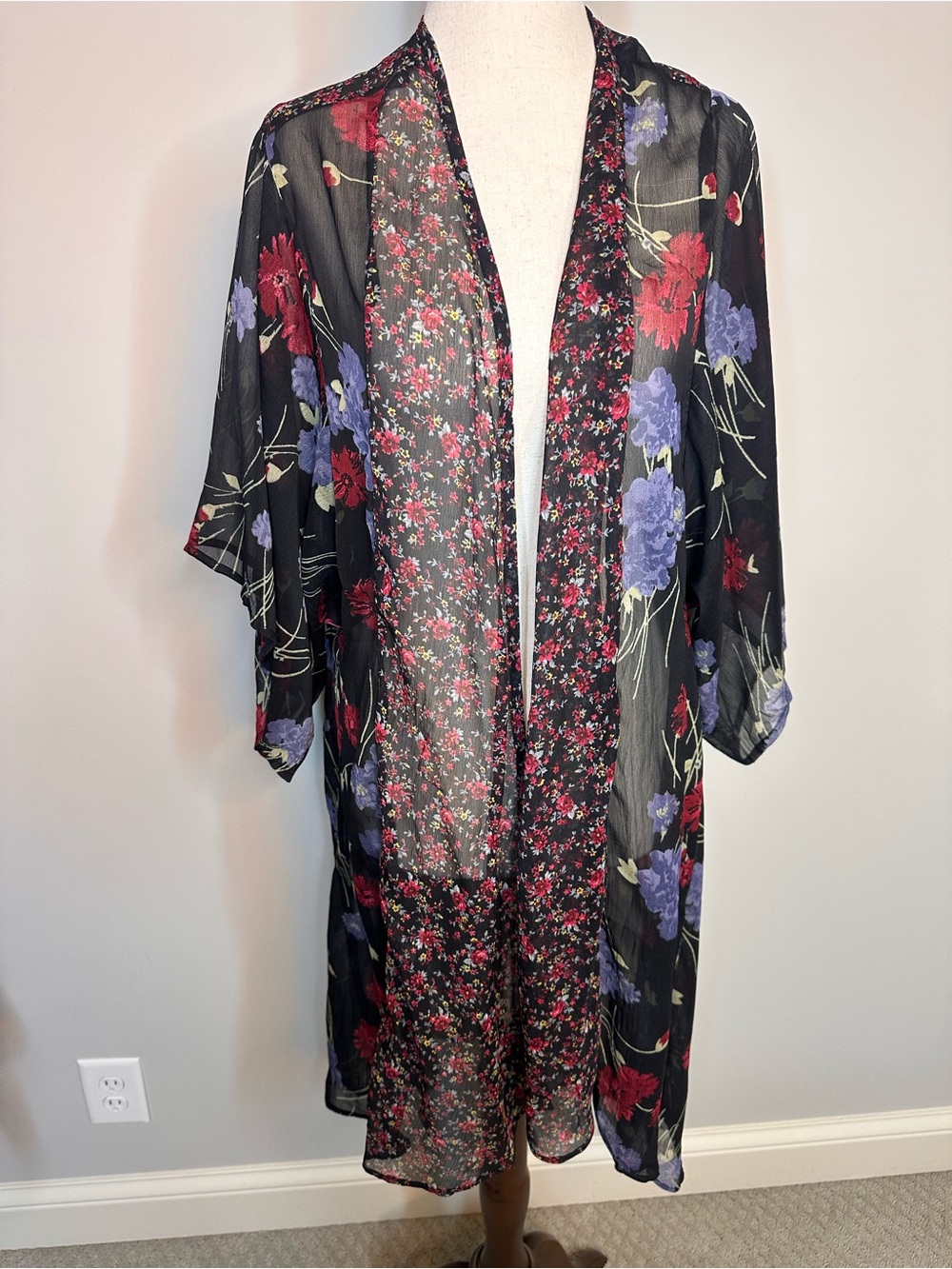 Sz XS Band of Gypsies floral sheer kimono black purple blue oversized fit